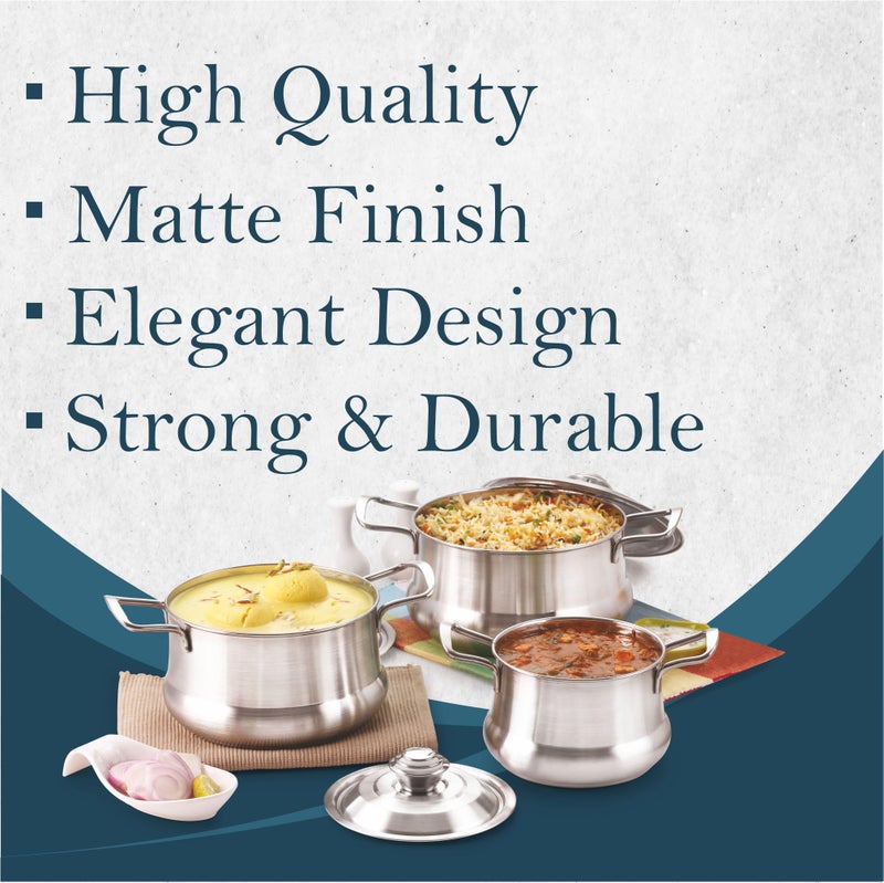COOKWELL Crown Mirror Finish Stainless Steel 6 pcs Serving Bowl - Pot with Lid, (3 Piece Bowl & 3 Piece Lid) - Image 2