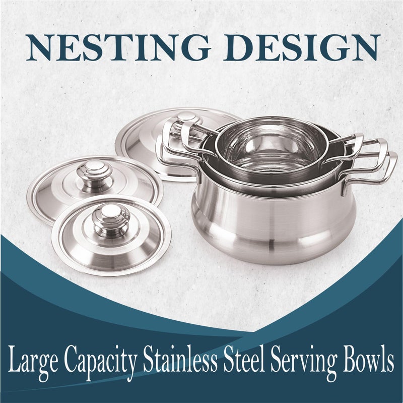 COOKWELL Crown Mirror Finish Stainless Steel 6 pcs Serving Bowl - Pot with Lid, (3 Piece Bowl & 3 Piece Lid) - Image 3