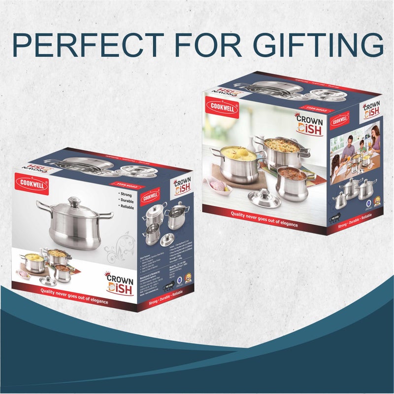 COOKWELL Crown Mirror Finish Stainless Steel 6 pcs Serving Bowl - Pot with Lid, (3 Piece Bowl & 3 Piece Lid) - Image 5
