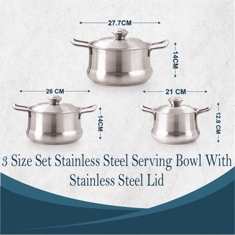 COOKWELL Crown Mirror Finish Stainless Steel 6 pcs Serving Bowl - Pot with Lid, (3 Piece Bowl & 3 Piece Lid) - Image 4