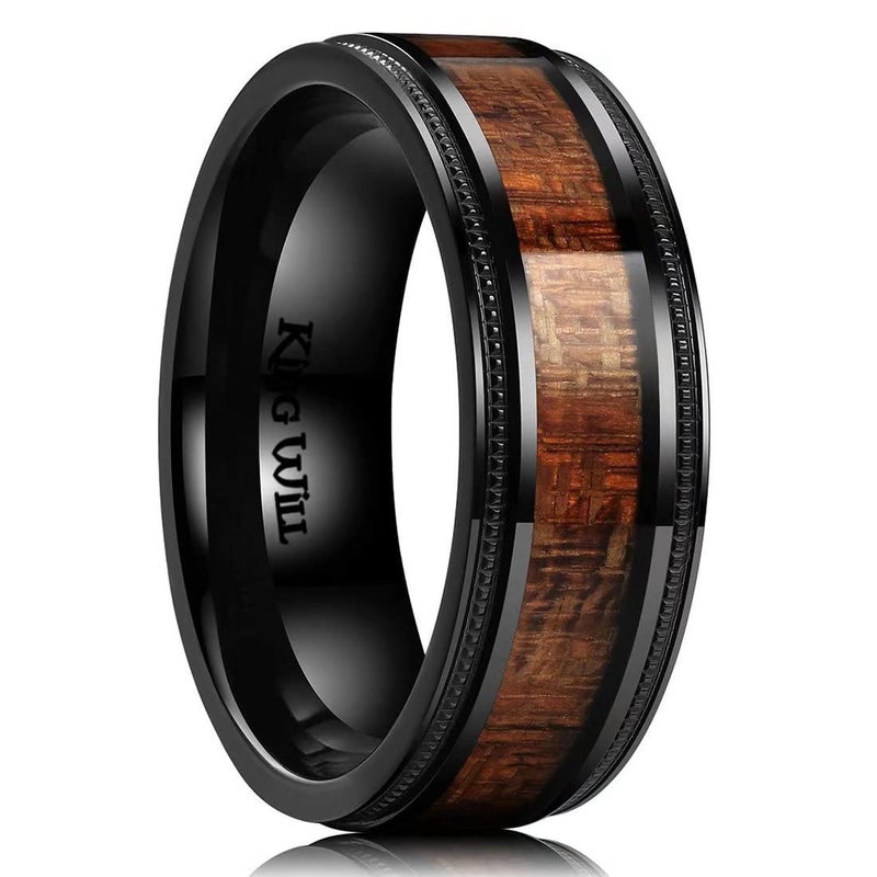 King Will Titanium Wedding Band for Men-8mm Black Titanium Men Ring with Koa Wood Inlay, Wooden Wedding Band Ring for Men Women Comfort Fit Size 9.5 - Image 1