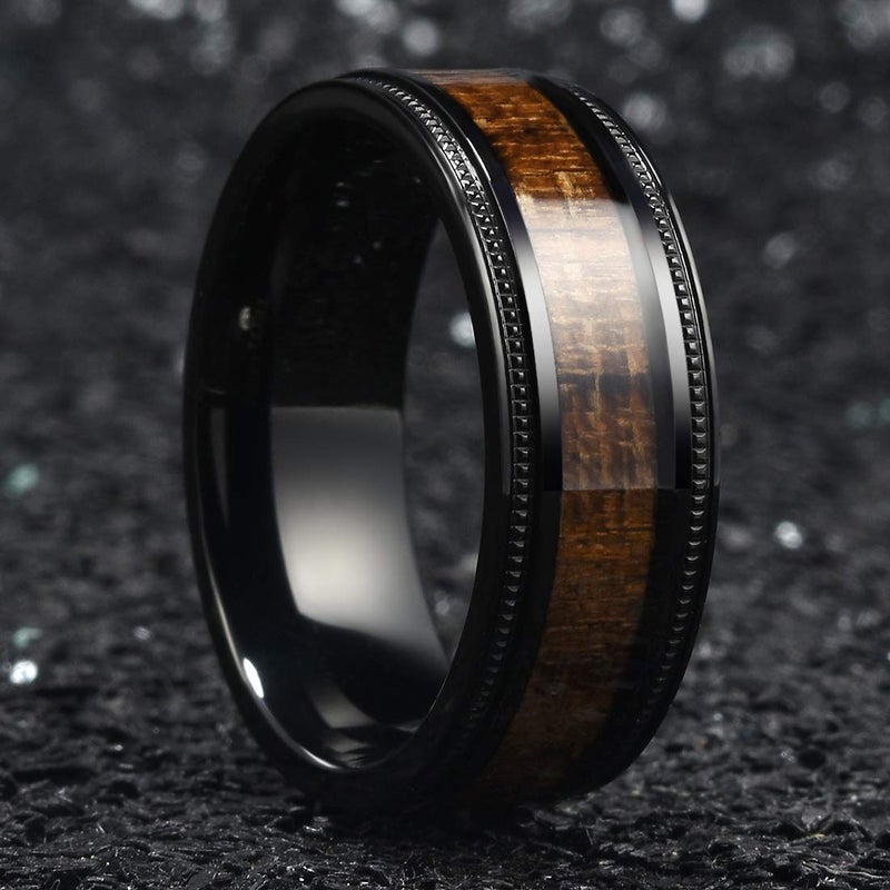 King Will Titanium Wedding Band for Men-8mm Black Titanium Men Ring with Koa Wood Inlay, Wooden Wedding Band Ring for Men Women Comfort Fit Size 9.5 - Image 3