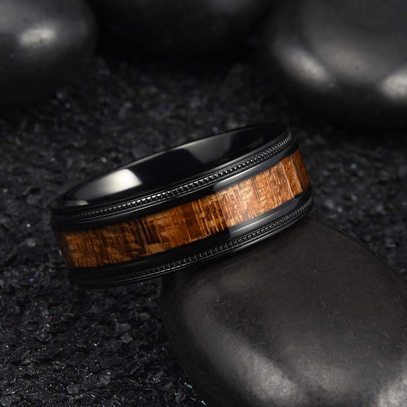 King Will Titanium Wedding Band for Men-8mm Black Titanium Men Ring with Koa Wood Inlay, Wooden Wedding Band Ring for Men Women Comfort Fit Size 9.5 - Image 2