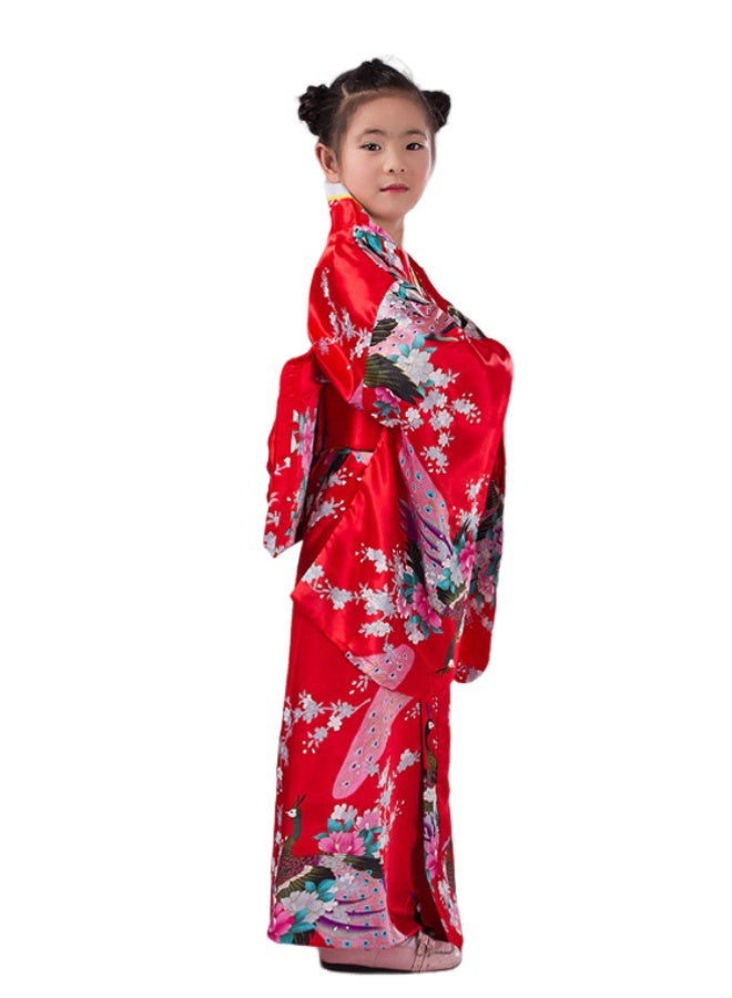 SHABILI Kids Japanese Kimono Red Peacock Print Robe with Hair Stick & Fan Set - 110/120/130 cm Girls Dress Up Costume - Image 4
