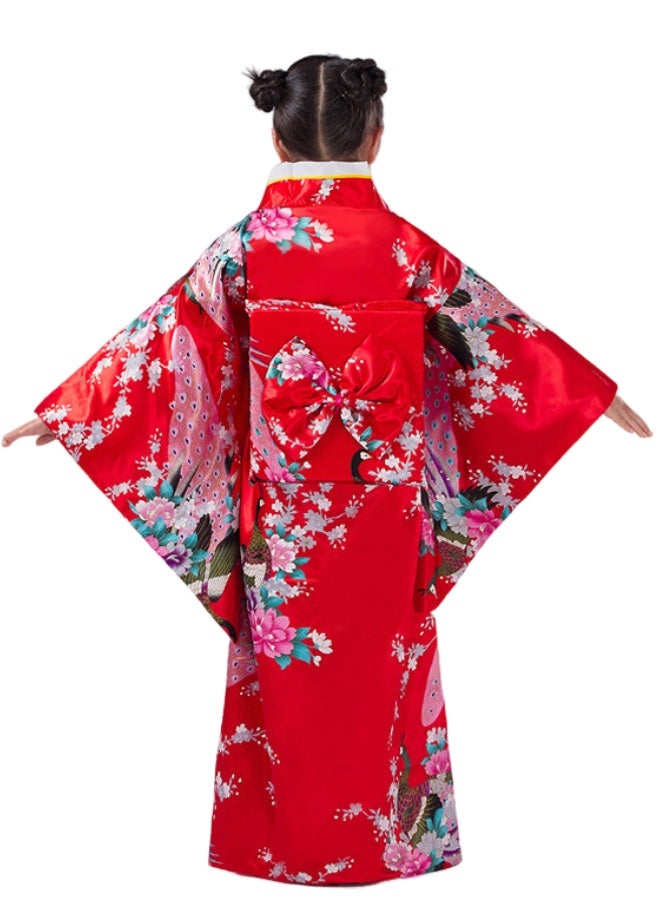 SHABILI Kids Japanese Kimono Red Peacock Print Robe with Hair Stick & Fan Set - 110/120/130 cm Girls Dress Up Costume - Image 3