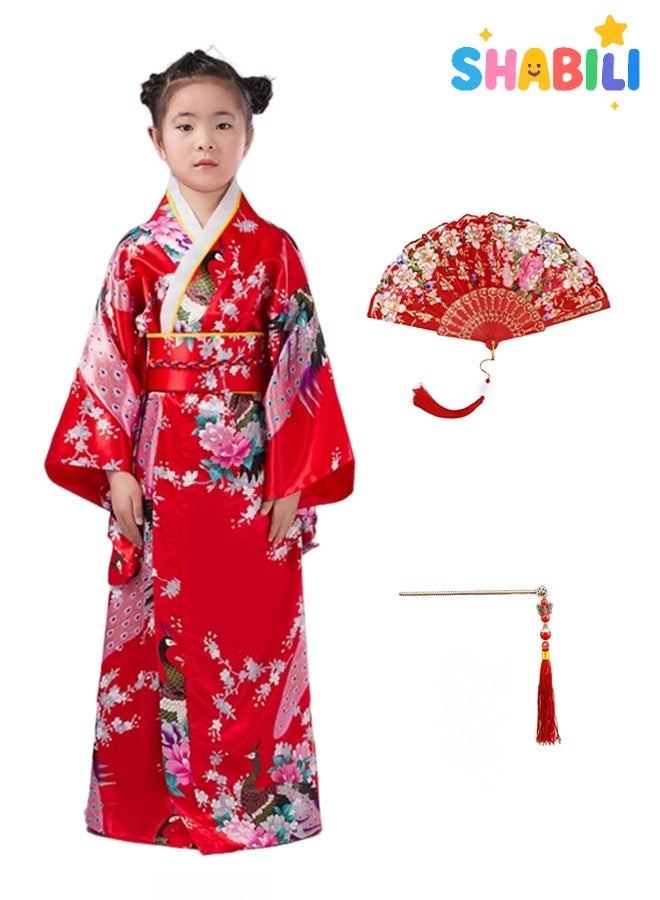 SHABILI Kids Japanese Kimono Red Peacock Print Robe with Hair Stick & Fan Set - 110/120/130 cm Girls Dress Up Costume - Image 1