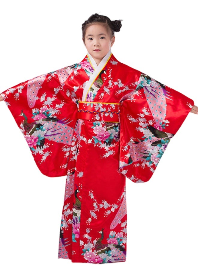 SHABILI Kids Japanese Kimono Red Peacock Print Robe with Hair Stick & Fan Set - 110/120/130 cm Girls Dress Up Costume - Image 2