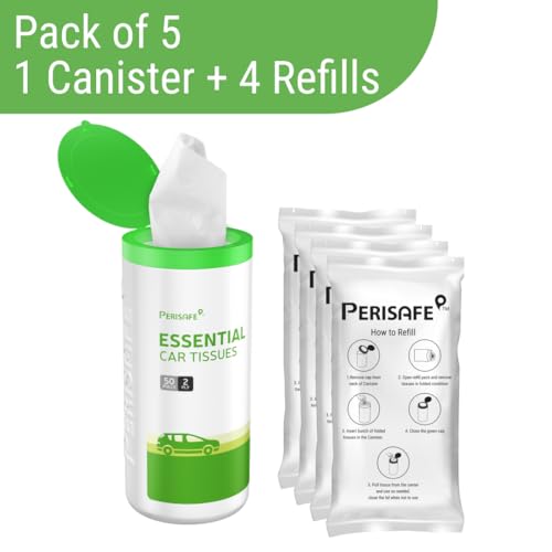 Perisafe Essential Car Tissues Pack of 5 (50 pulls 2 ply–250 pulls) | Fits in All Type of Car Cup Holder| Easily Accessible |Soft, Eco Friendly & Chemical Free |1 Canister of 50 pulls + 4 Refill - Image 3