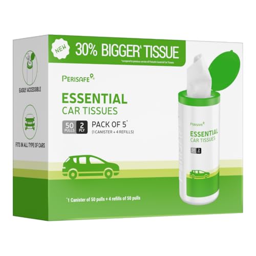 Perisafe Essential Car Tissues Pack of 5 (50 pulls 2 ply–250 pulls) | Fits in All Type of Car Cup Holder| Easily Accessible |Soft, Eco Friendly & Chemical Free |1 Canister of 50 pulls + 4 Refill - Image 1