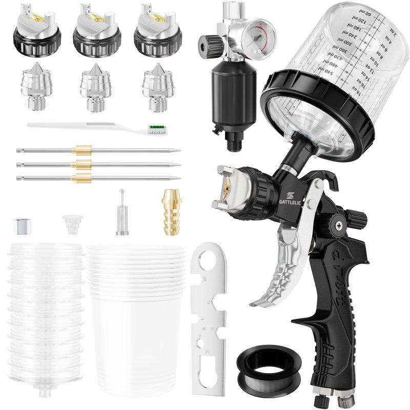 GATTLELIC HVLP Air Spray Gun with 1.4/1.7/2mm Nozzles & Air Compressor Regulator, Air Spray Paint Gun w/10pcs 600cc Mixing Cup and Lids, Automotive Paint Sprayer for Car, House Painting, Furniture - Image 1