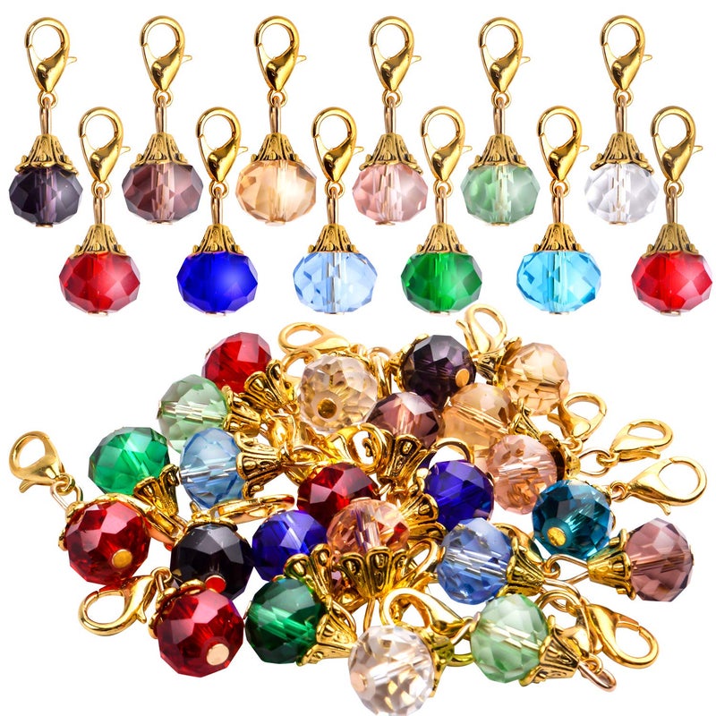 Aylifu 24 Pieces Crystal Dangle12 Colors Faceted Crystal Dangle Charms Glass Pendant with Gold Lobster Claw Clasp for Keychain Purse Decoration