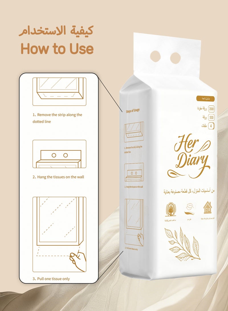Her Diary 4-Ply Hanging Facial Tissues, 2000 Sheets (500 Pulls), Space-Saving Wall-Mounted Dispenser with Decorative Print, Ultra Soft & Strong for Car, Bathroom, and Kitchen - Image 4