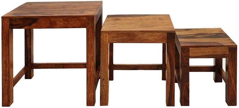 LALITA HANDICRAFT LALITA HANDICRAFT Sheesham Wood Nesting Table Set of 3 for Living Room Home Wooden Nested Side Stools Natural Finish  - Image 4
