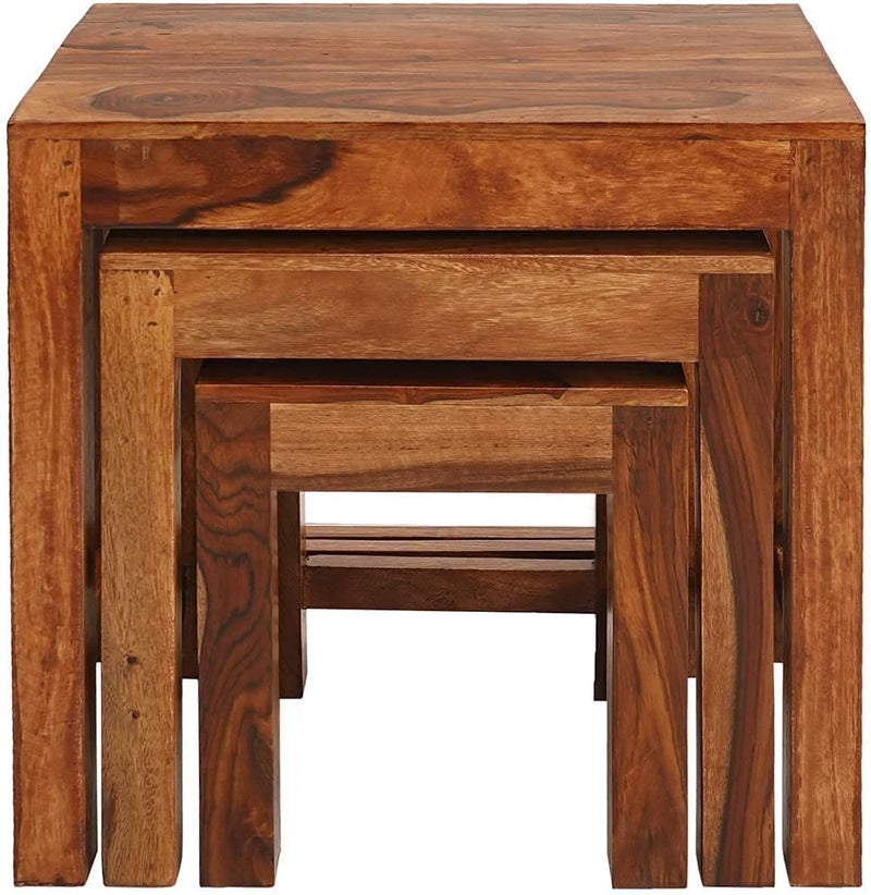 LALITA HANDICRAFT LALITA HANDICRAFT Sheesham Wood Nesting Table Set of 3 for Living Room Home Wooden Nested Side Stools Natural Finish  - Image 1