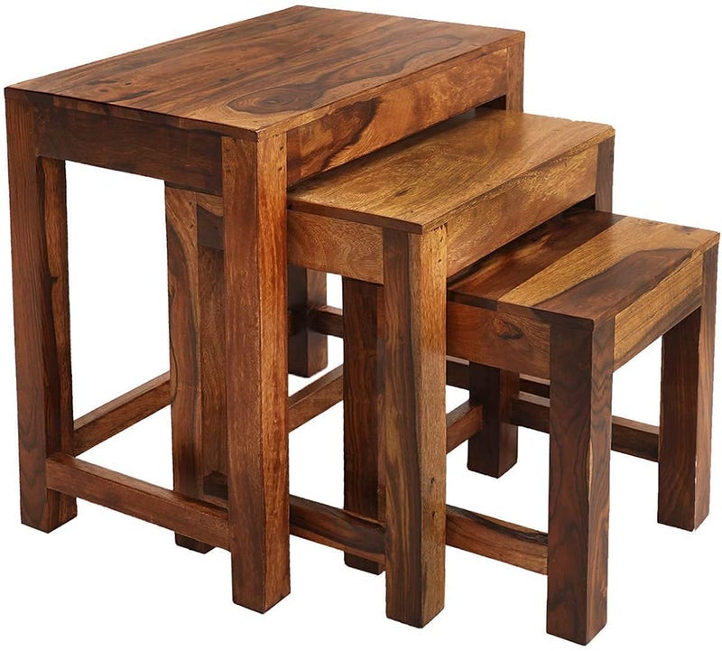 LALITA HANDICRAFT LALITA HANDICRAFT Sheesham Wood Nesting Table Set of 3 for Living Room Home Wooden Nested Side Stools Natural Finish  - Image 2