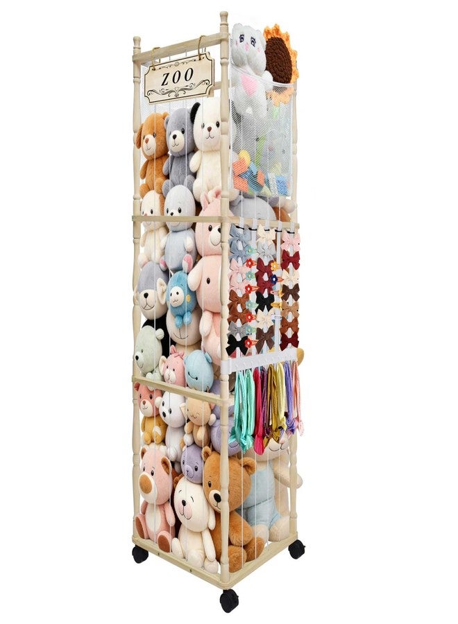 TIQUKDELY Stuffed Animal Storage Organizer with Wheels - 54" Tall Wooden Roman Column Zoo Shelf Unit, Mesh Pockets & Hooks for Plush Display and Room Decor - Image 1