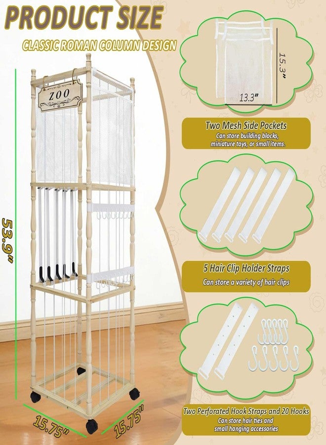 TIQUKDELY Stuffed Animal Storage Organizer with Wheels - 54" Tall Wooden Roman Column Zoo Shelf Unit, Mesh Pockets & Hooks for Plush Display and Room Decor - Image 2