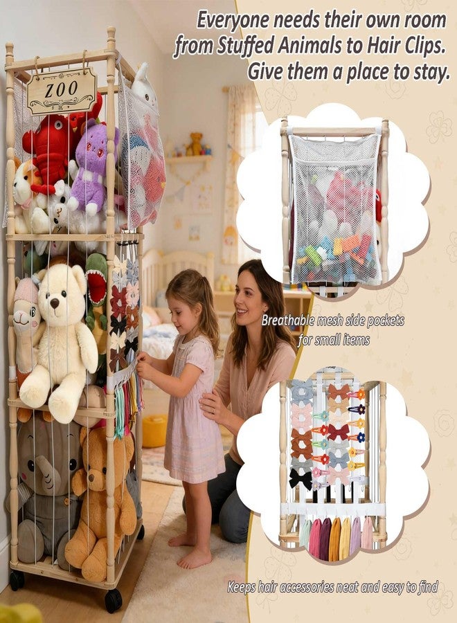 TIQUKDELY Stuffed Animal Storage Organizer with Wheels - 54" Tall Wooden Roman Column Zoo Shelf Unit, Mesh Pockets & Hooks for Plush Display and Room Decor - Image 3