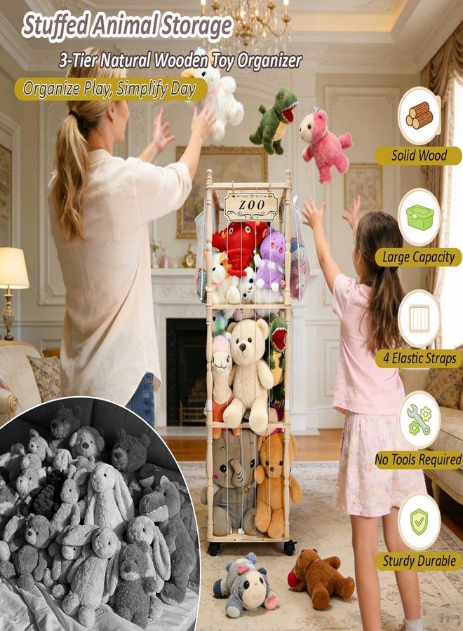 TIQUKDELY Stuffed Animal Storage Organizer with Wheels - 54" Tall Wooden Roman Column Zoo Shelf Unit, Mesh Pockets & Hooks for Plush Display and Room Decor - Image 4