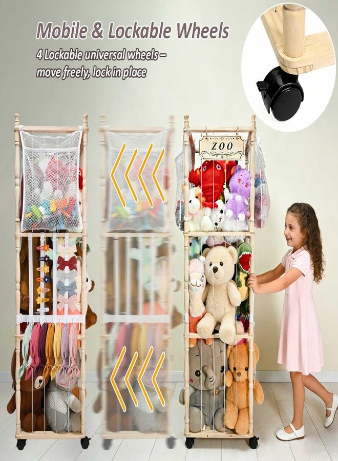 TIQUKDELY Stuffed Animal Storage Organizer with Wheels - 54" Tall Wooden Roman Column Zoo Shelf Unit, Mesh Pockets & Hooks for Plush Display and Room Decor - Image 5