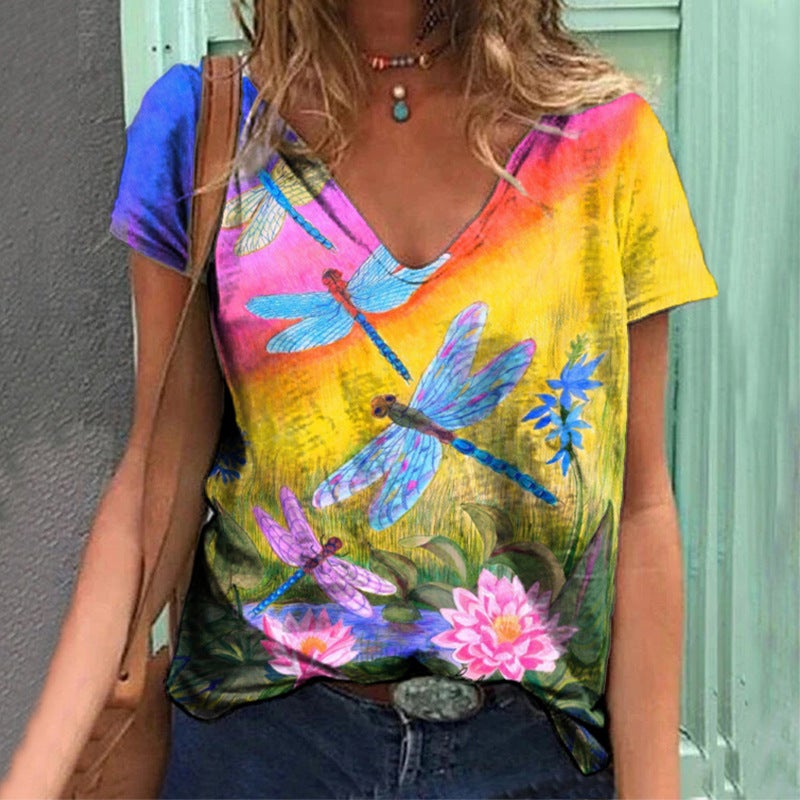 2022 Summer Cross-Border Supply of 3D Digital Printed Short-Sleeved V Neck Women's Loose-Fitting Women's T-Shirts - Image 1