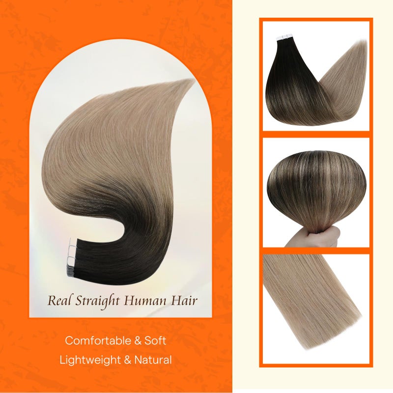 Fshine Full Shine Human Hair Tape in Extensions 12 Inch Color 1B/18 Black to Blonde Invisible Seamless Skin Weft Tape in Hair Extensions Human Hair 20PCS Straight Extensions for Women Real Hair 30g for Party - Image 2