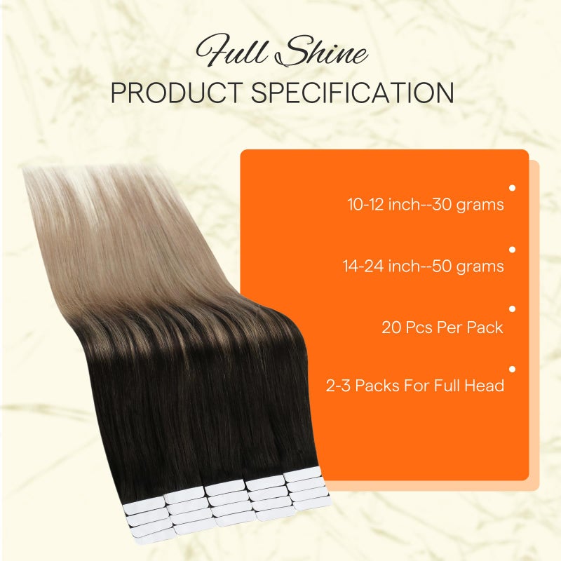 Fshine Full Shine Human Hair Tape in Extensions 12 Inch Color 1B/18 Black to Blonde Invisible Seamless Skin Weft Tape in Hair Extensions Human Hair 20PCS Straight Extensions for Women Real Hair 30g for Party - Image 3