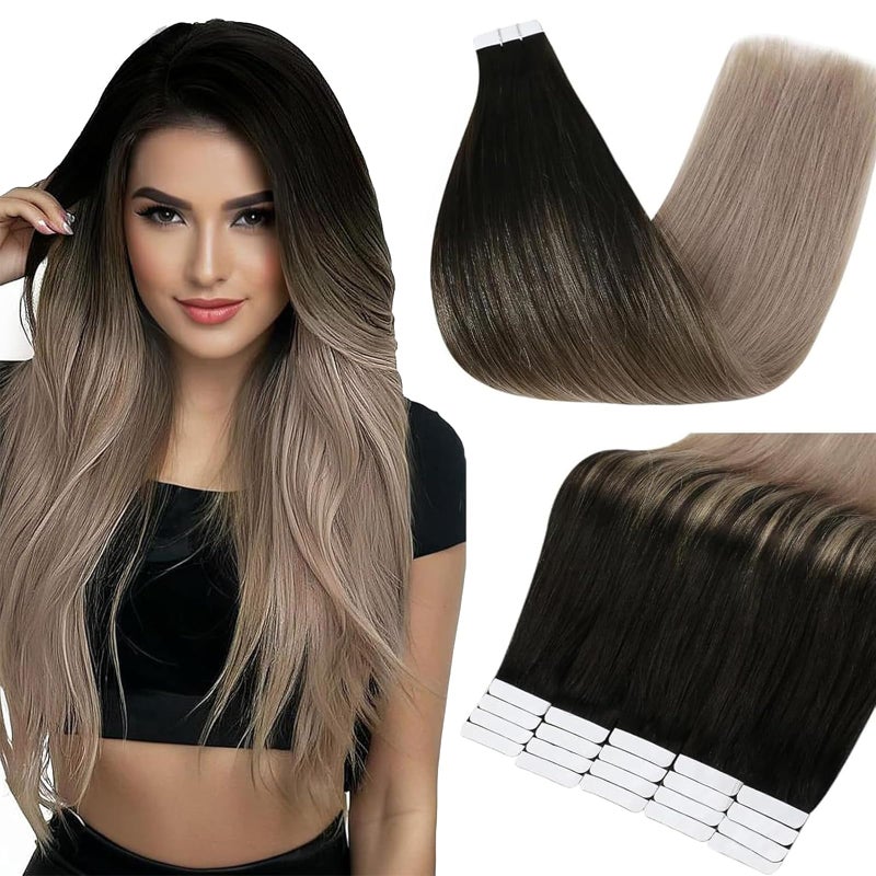 Fshine Full Shine Human Hair Tape in Extensions 12 Inch Color 1B/18 Black to Blonde Invisible Seamless Skin Weft Tape in Hair Extensions Human Hair 20PCS Straight Extensions for Women Real Hair 30g for Party - Image 1