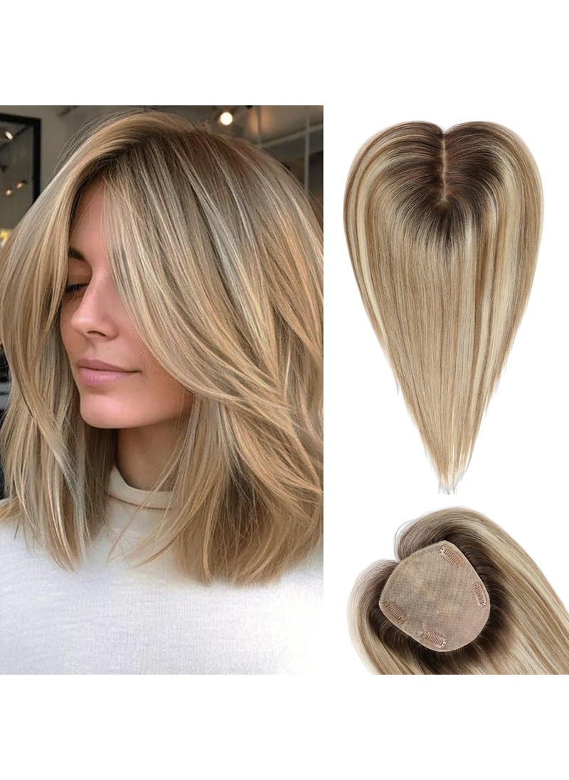 ORIGINAL QUEEN - ORIGINAL QUEEN Hair Toppers for Women 5X5 Inch Skin Scalp Human Hair 12 Inch Fluffy Toppers Hair Pieces for Thinning Hair Clip in Remy Hairpieces HandTied 27 Light Brown with 4 Brown Root - Image 1