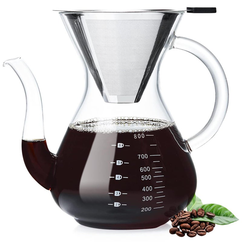 Unbreakable - Pour Over Coffee Maker with Double Stainless Filter 27 fl oz, Thickened Heat-Resistant Borosilicate Glass Pour Over Coffee Dripper, Stovetop Safe - Image 1