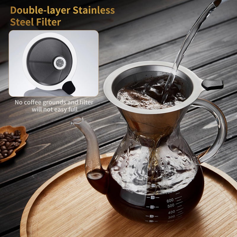 Unbreakable - Pour Over Coffee Maker with Double Stainless Filter 27 fl oz, Thickened Heat-Resistant Borosilicate Glass Pour Over Coffee Dripper, Stovetop Safe - Image 4