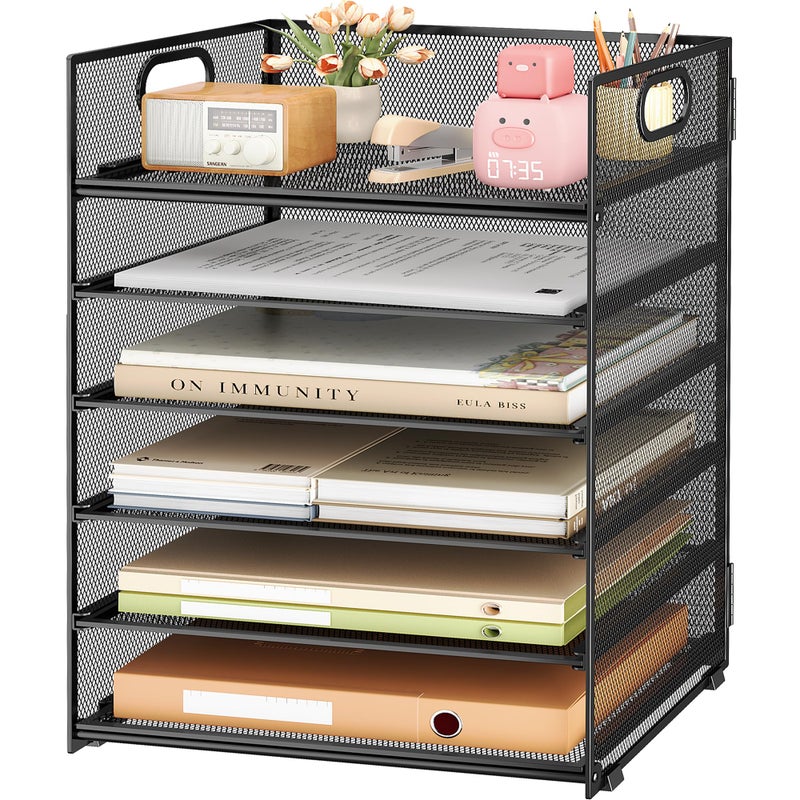Subekyu 6 Tier Paper File Tray Organizer for Desk, Black Mesh Desk Letter Paper File Folder Accessories Sorter Organizer with Handle, Stackable Slide Tray for Office, Home or School Supplies Storage - Image 1