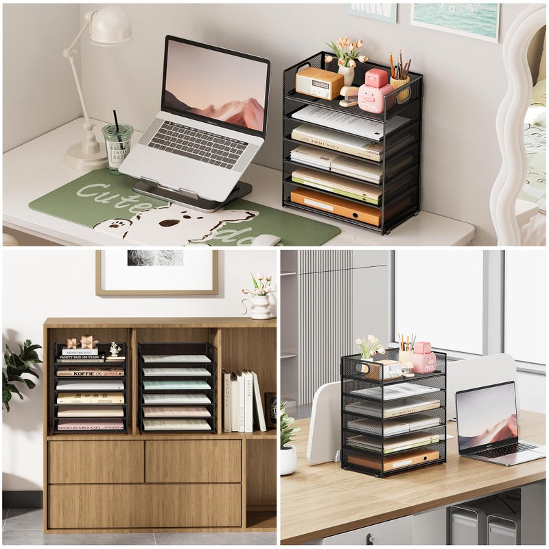 Subekyu 6 Tier Paper File Tray Organizer for Desk, Black Mesh Desk Letter Paper File Folder Accessories Sorter Organizer with Handle, Stackable Slide Tray for Office, Home or School Supplies Storage - Image 4