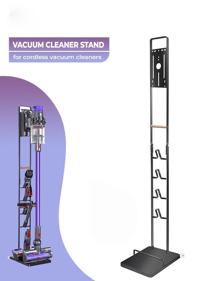 عربست حامل أرضي فاخر من دايسون للمكانس الكهربائية اللاسلكية المزودة بعجلات، متوافق مع موديلات دايسون V15، V11، V10، V8، V7، V6، Dreame، T30، T20، V12، V11، V10، لا يتطلب ثقب الجدار، حامل معدني متين باللون الأسود الأنيق - Image 1