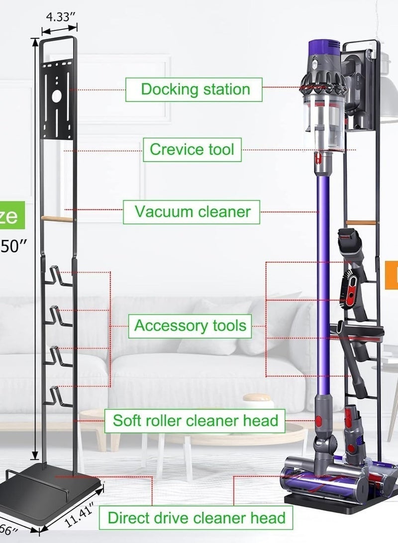 عربست حامل أرضي فاخر من دايسون للمكانس الكهربائية اللاسلكية المزودة بعجلات، متوافق مع موديلات دايسون V15، V11، V10، V8، V7، V6، Dreame، T30، T20، V12، V11، V10، لا يتطلب ثقب الجدار، حامل معدني متين باللون الأسود الأنيق - Image 2