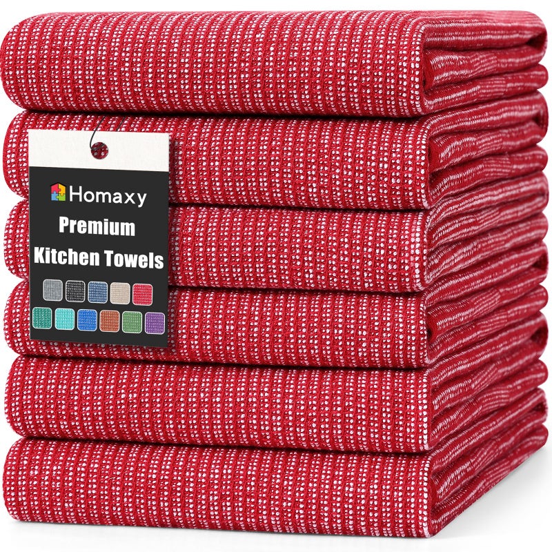 Homaxy Premium Kitchen Towels(18â€x 28â€, 6 Pack), Large Cotton Kitchen Hand Towels, Flat and Terry Dish Towels, 380 GSM Highly Absorbent Tea Towel Set with Hanging Loop, Red - Image 1