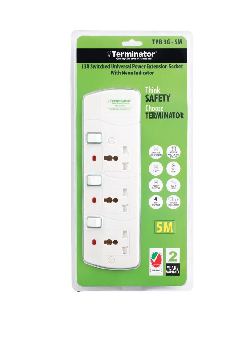 Terminator - 3 Way Universal Power Extension Socket With 13A 5M Cable - Image 1