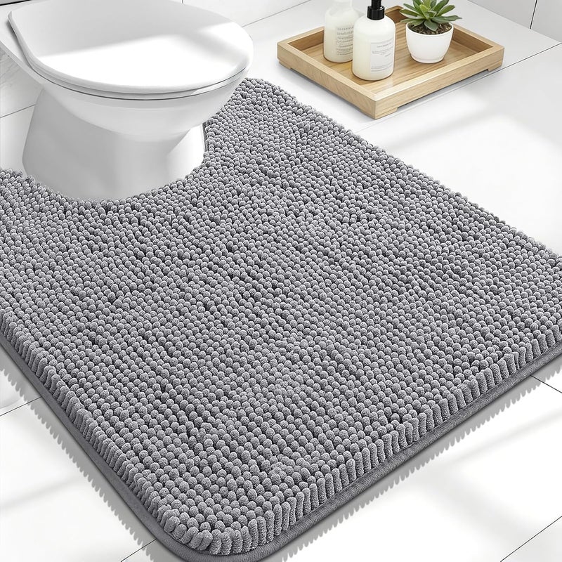 OLANLY U Shape Toilet Rug - 60 x 50 cm Super Soft Absorbent Chenille Bathroom Mat - Quick Dry Machine Washable Non-Slip - Grey - Image 1
