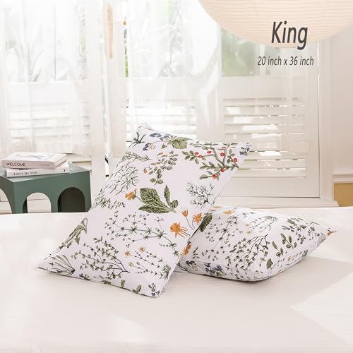 ECOCOTT 100% Cotton Pillowcases King Size, Botanical Floral Leaves Print Pattern Pillow Cover 2 Pack, Super Soft Envelope Closure Standard Pillow Case Set (King, 20"x36") - Image 2