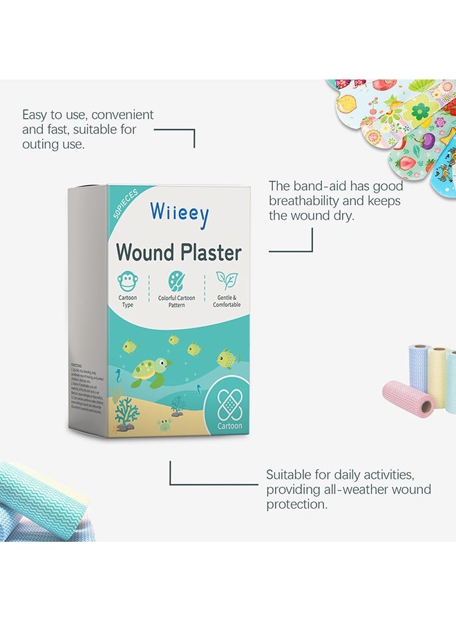 wiieey 50 Pcs Cartoon Pattern Bandage - PE Material Hemostatic Waterproof Adhesive Bandage Combo Pack - 10 Different Color Patterns Children's Bandage - Home First Aid Bandage Band-Aids - Image 4
