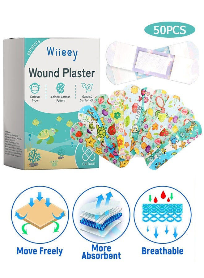 wiieey 50 Pcs Cartoon Pattern Bandage - PE Material Hemostatic Waterproof Adhesive Bandage Combo Pack - 10 Different Color Patterns Children's Bandage - Home First Aid Bandage Band-Aids - Image 1