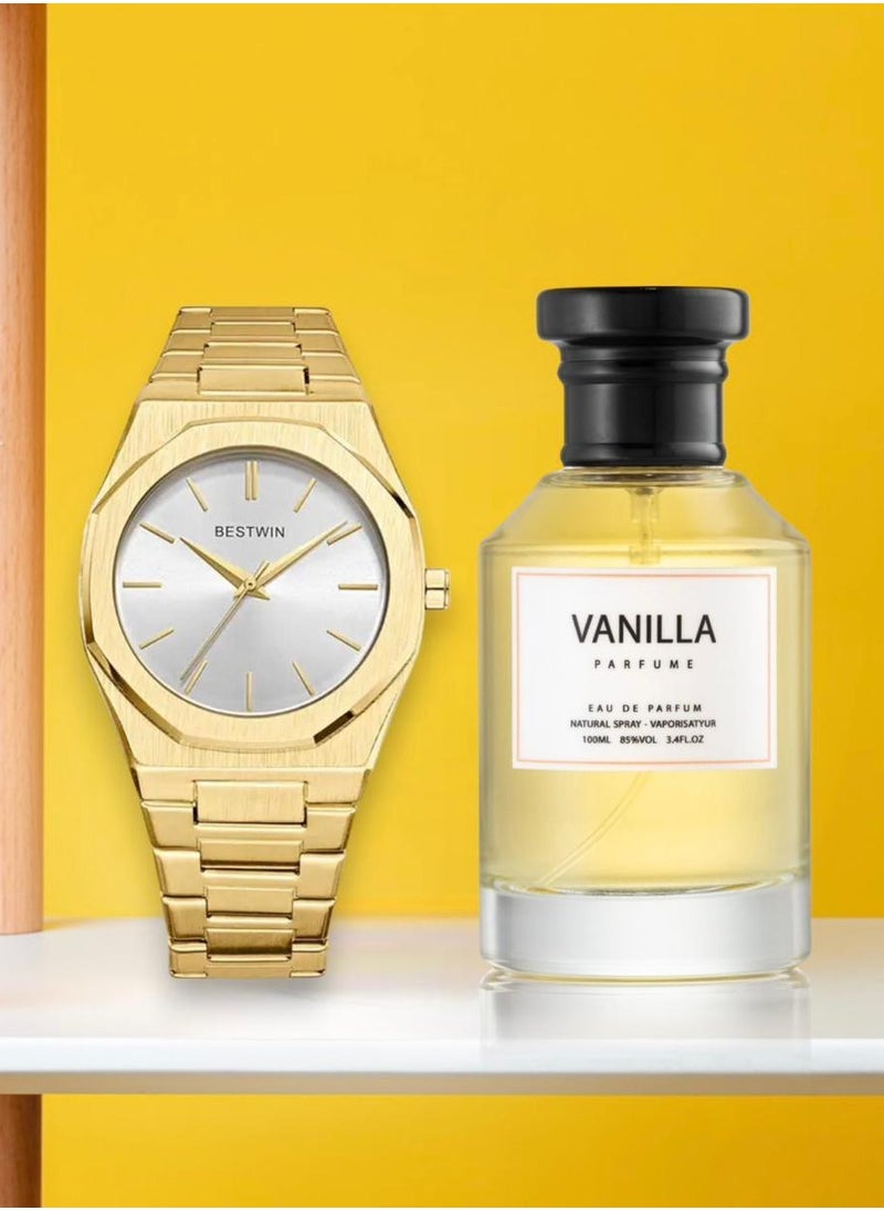 Bestwin A luxurious gift set consisting of a slim wooden men's watch from the famous D1 Milano watches, and a vanilla perfume inspired by the Mancera Rosella Vanilla perfume with high stability.  - Image 1