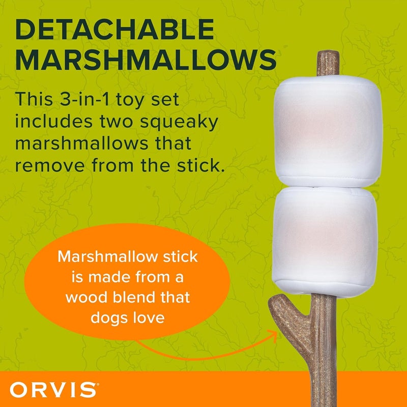 Orvis Pet Floating Fetch and Chew Stick with Durable Plush Removable Marshmallows; Interactive Dog Toy with Removable Squeaky Marshmallows; Floating Dog Toys, Fun Camping Theme Dog Toys - Image 1