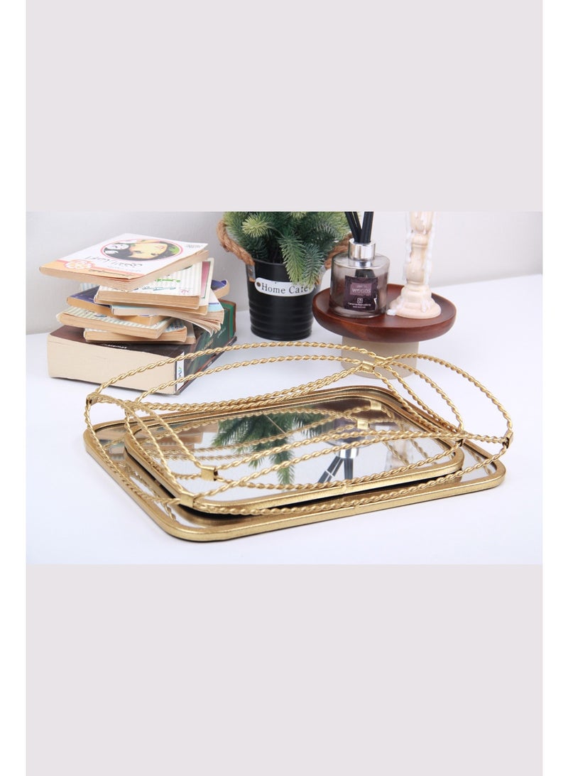 طقم تباسي صواني تقديم بإطار معدني وقاعدة زجاجية (مرآة) بتصميم راقي ،(2 قطعة). - Image 5