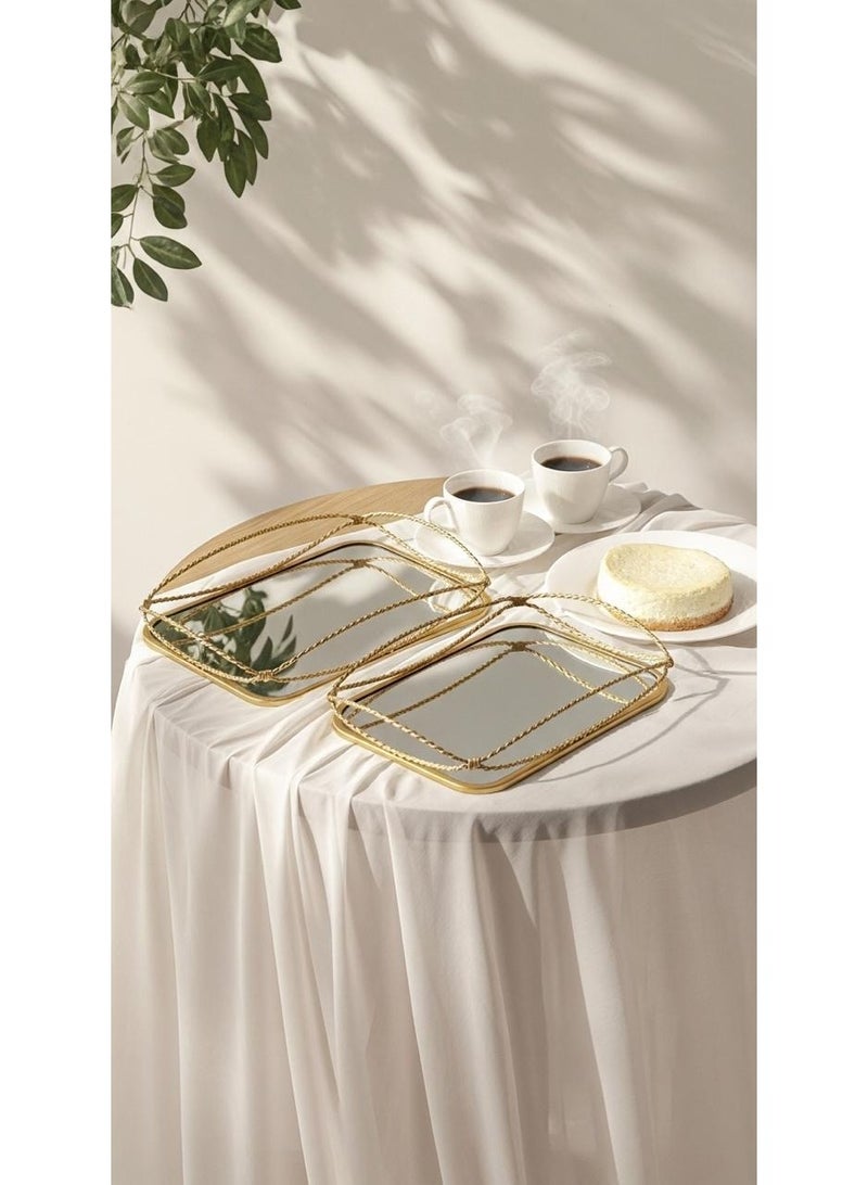 طقم تباسي صواني تقديم بإطار معدني وقاعدة زجاجية (مرآة) بتصميم راقي ،(2 قطعة). - Image 1