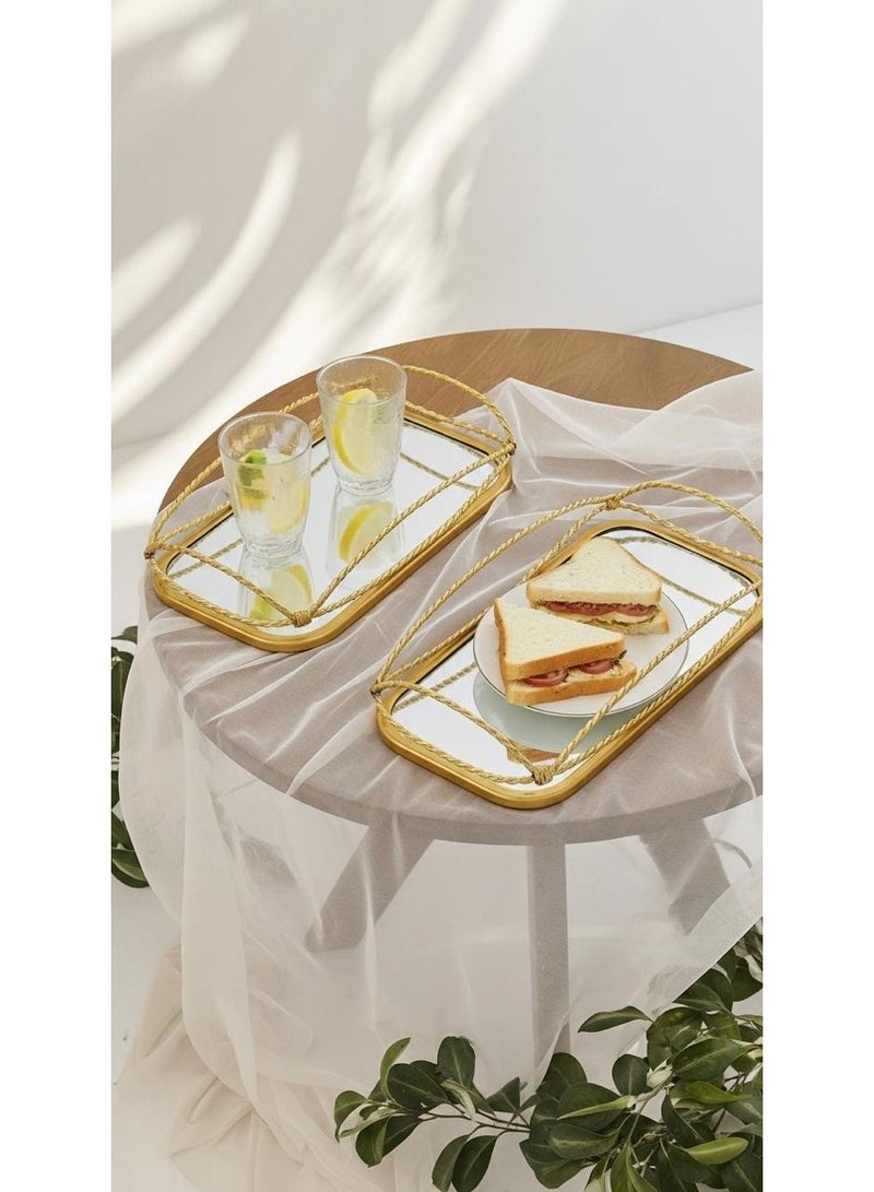 طقم تباسي صواني تقديم بإطار معدني وقاعدة زجاجية (مرآة) بتصميم راقي ،(2 قطعة). - Image 4