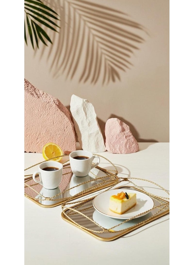 طقم تباسي صواني تقديم بإطار معدني وقاعدة زجاجية (مرآة) بتصميم راقي ،(2 قطعة). - Image 2