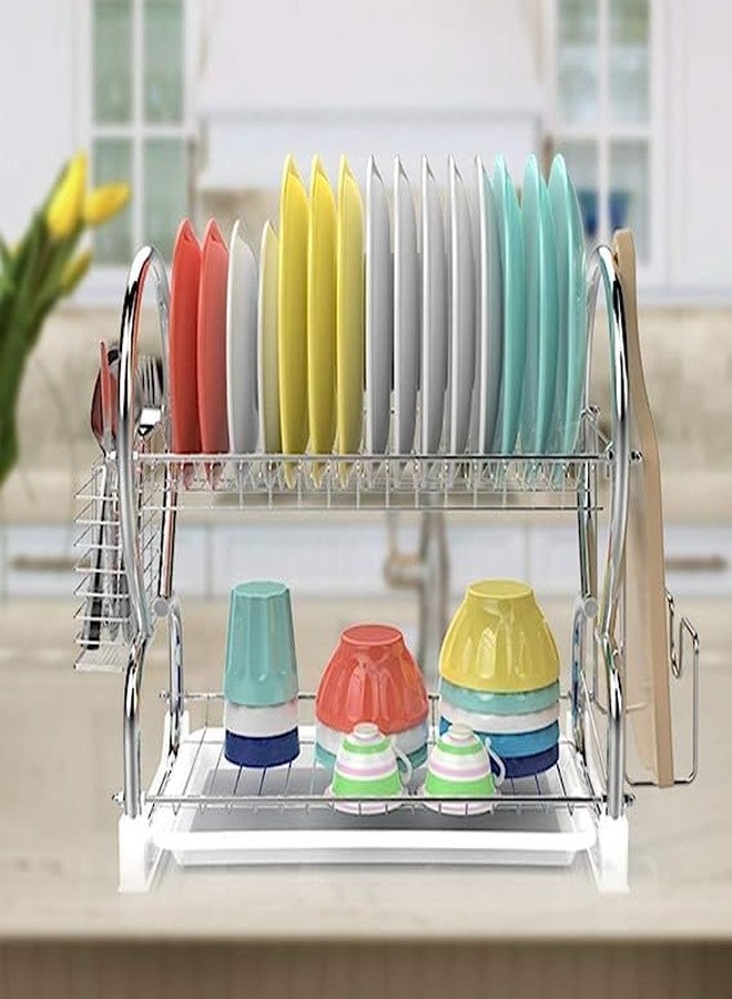 Swabs® Dish Drying Rack, 2 Tier Dish Drainer with Utensil Holder Stainless Steel Dish Rack 2 Tier Silver Kitchen Dish Drainer Organizer Storage Rack (Pack of 1) - Image 3