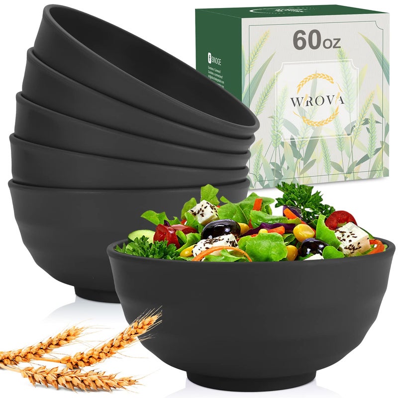Wrova Wheat Straw Bowls Set 60 OZ Unbreakable Large Cereal Bowls Set of 6 Microwave and Dishwasher Safe Bowls Big Bowls for Camping and Picnic BPA Free Soup Bowl for Serving Oatmeal and Salad. Black - Image 1