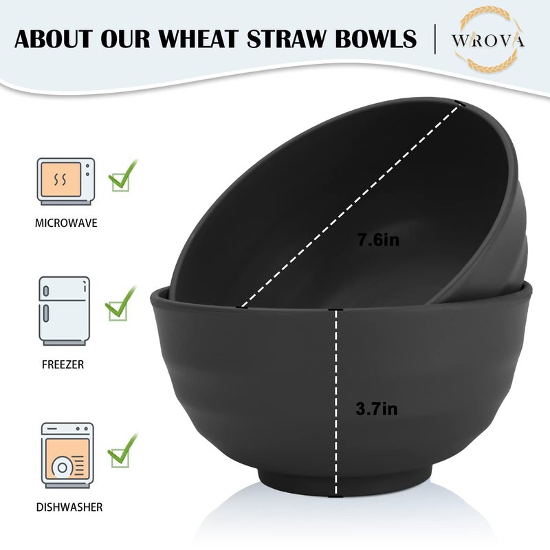 Wrova Wheat Straw Bowls Set 60 OZ Unbreakable Large Cereal Bowls Set of 6 Microwave and Dishwasher Safe Bowls Big Bowls for Camping and Picnic BPA Free Soup Bowl for Serving Oatmeal and Salad. Black - Image 2